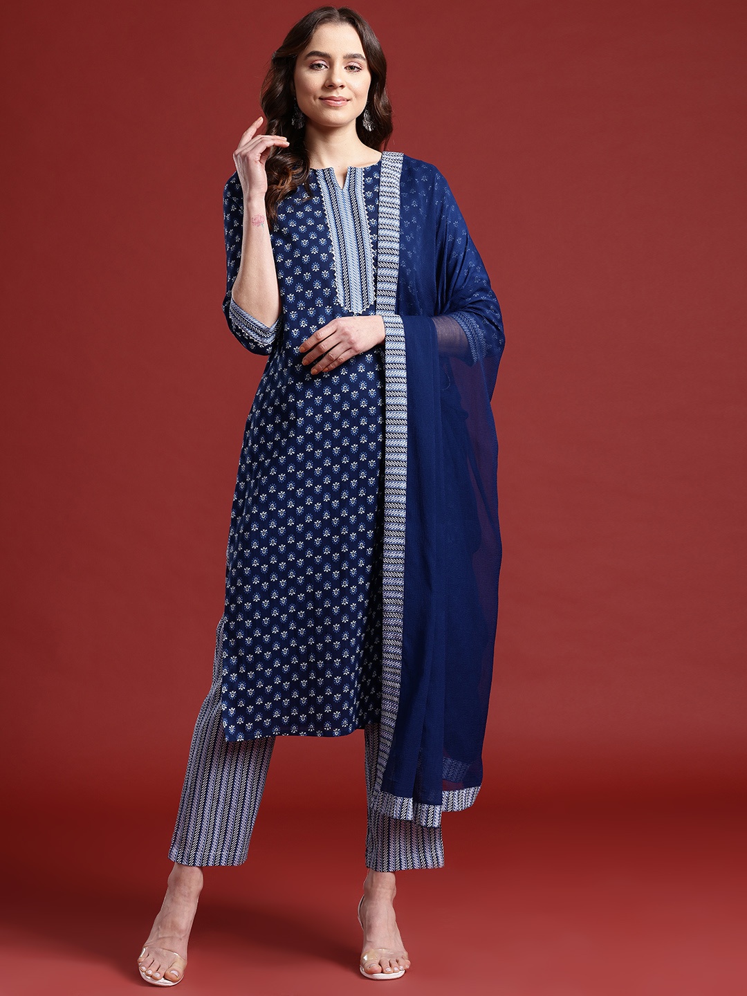 

Anouk Ethnic Motifs Printed Gotta Patti Pure Cotton Kurta with Trousers & Dupatta, Blue