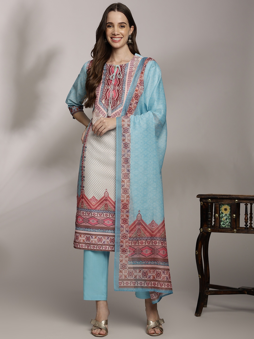Anouk Women Ethnic Motifs Printed Kurta with Trousers & Dupatta, Blue