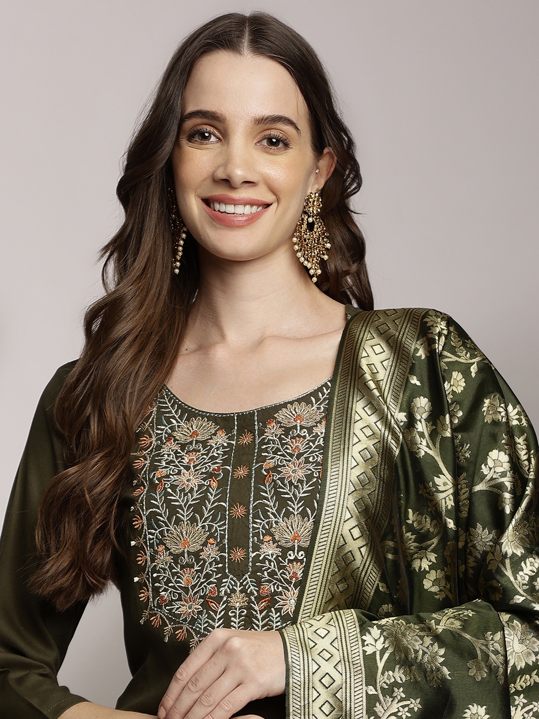 Anouk Women Floral Embroidered Kurta with Trousers & Dupatta, Green