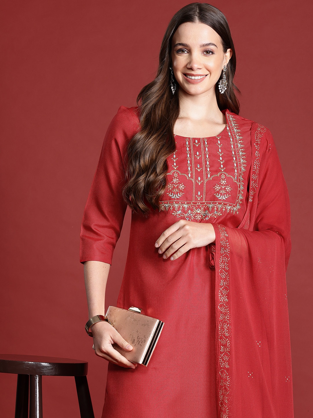 

Anouk Floral Yoke Design Kurta with Trousers & Dupatta, Maroon