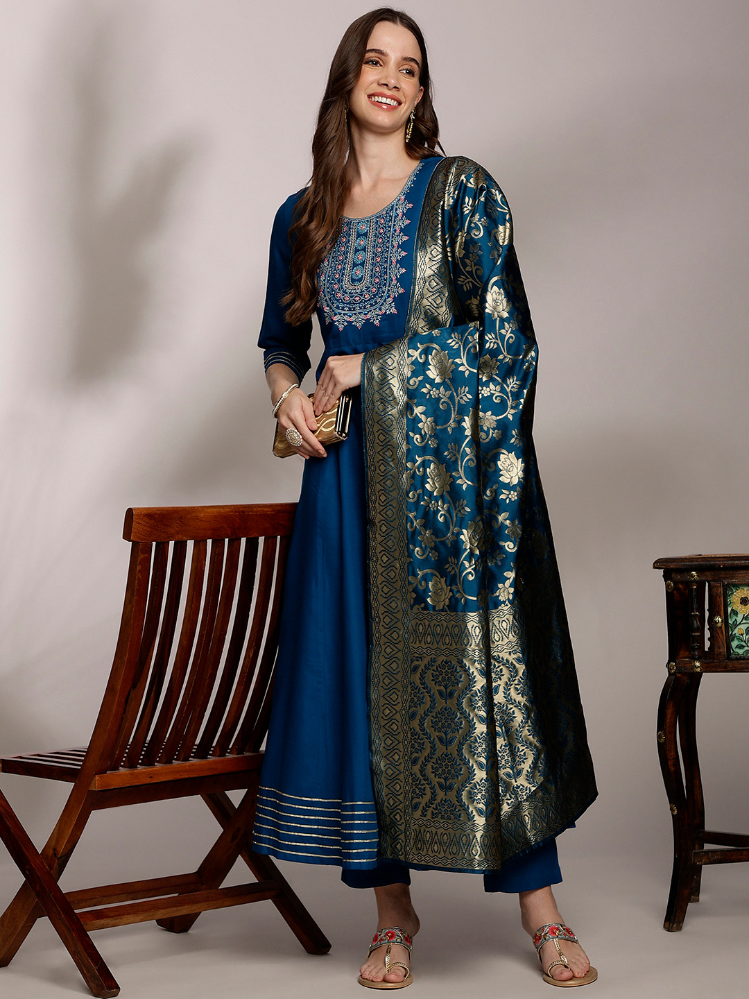 

Anouk Women Ethnic Motifs Embroidered Pleated Kurta with Trousers & Dupatta, Teal