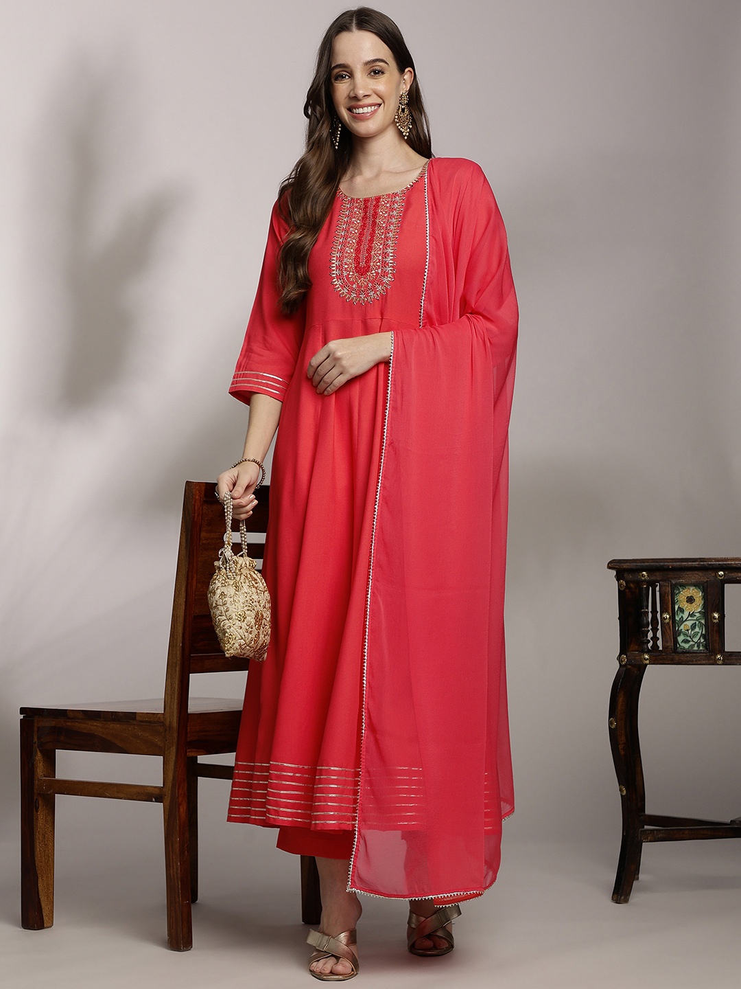

Anouk Women Ethnic Motifs Embroidered Pleated Kurta with Trousers & Dupatta, Coral