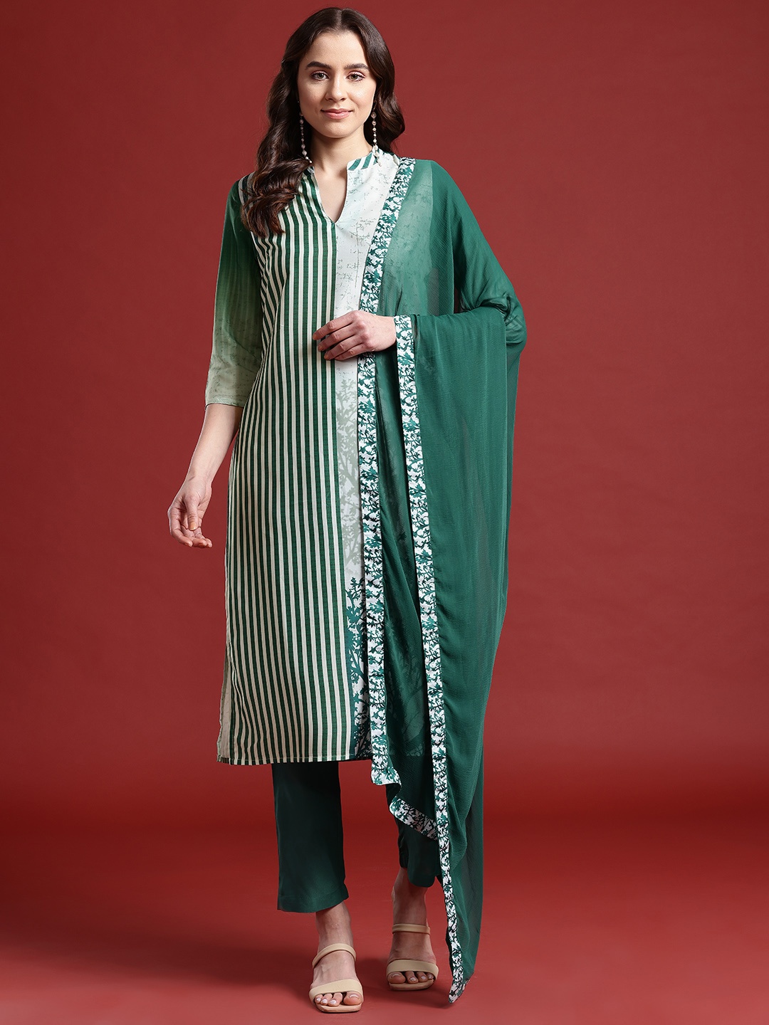 

Anouk Women Striped Regular Kurta with Trousers & Dupatta, Green