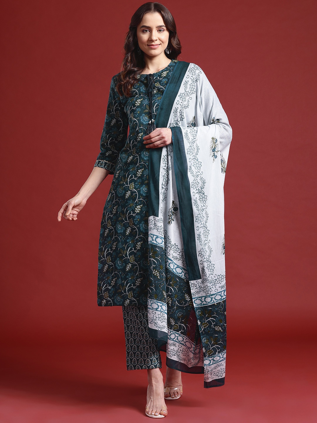 

Anouk Ethnic Motifs Printed Pure Cotton Kurta with Trousers & Dupatta, Navy blue