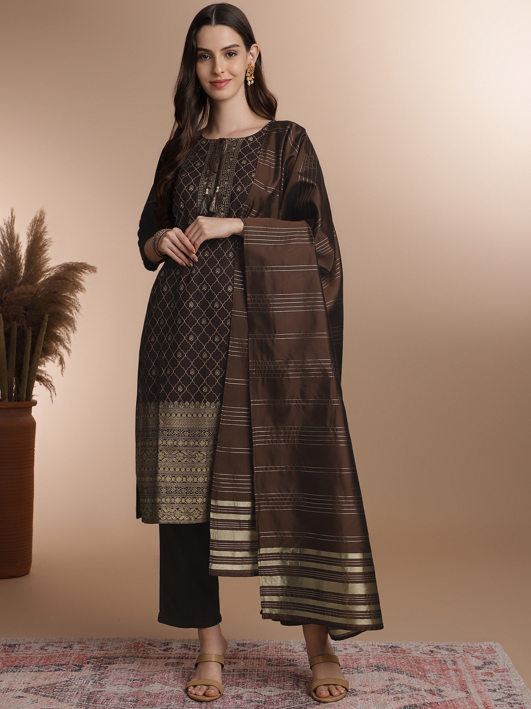 

Anouk Women Ethnic Motifs Printed Kurta with Trousers & With Dupatta, Brown