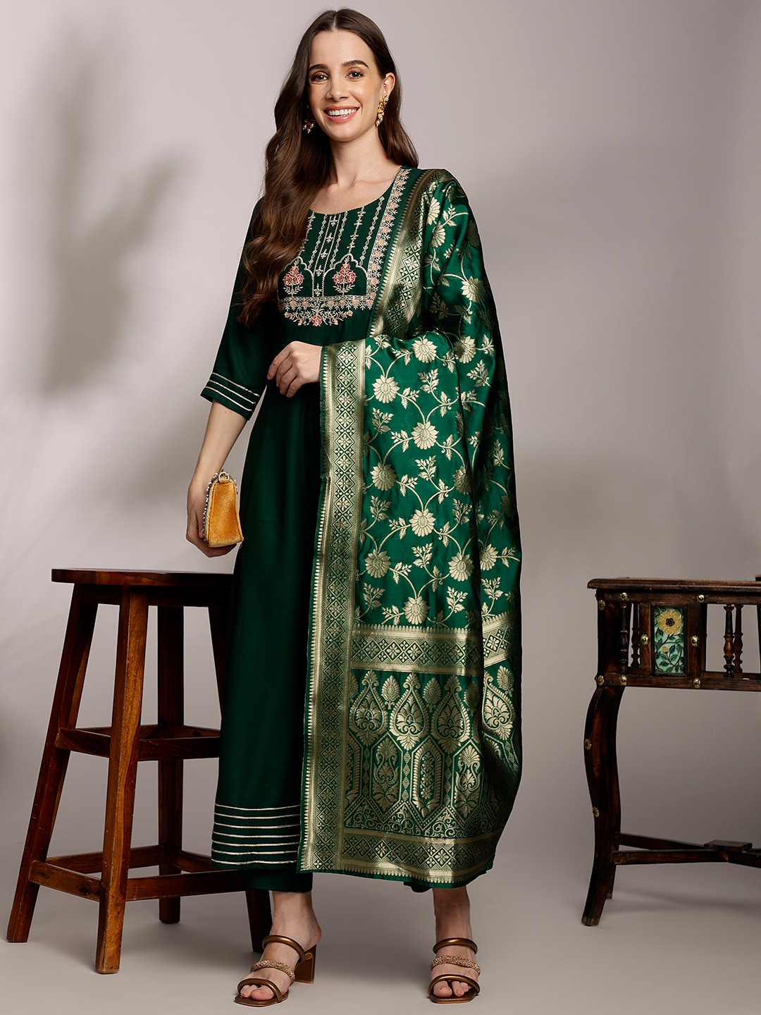 

Anouk Women Floral Embroidered Pleated Kurta with Trousers & Dupatta, Green