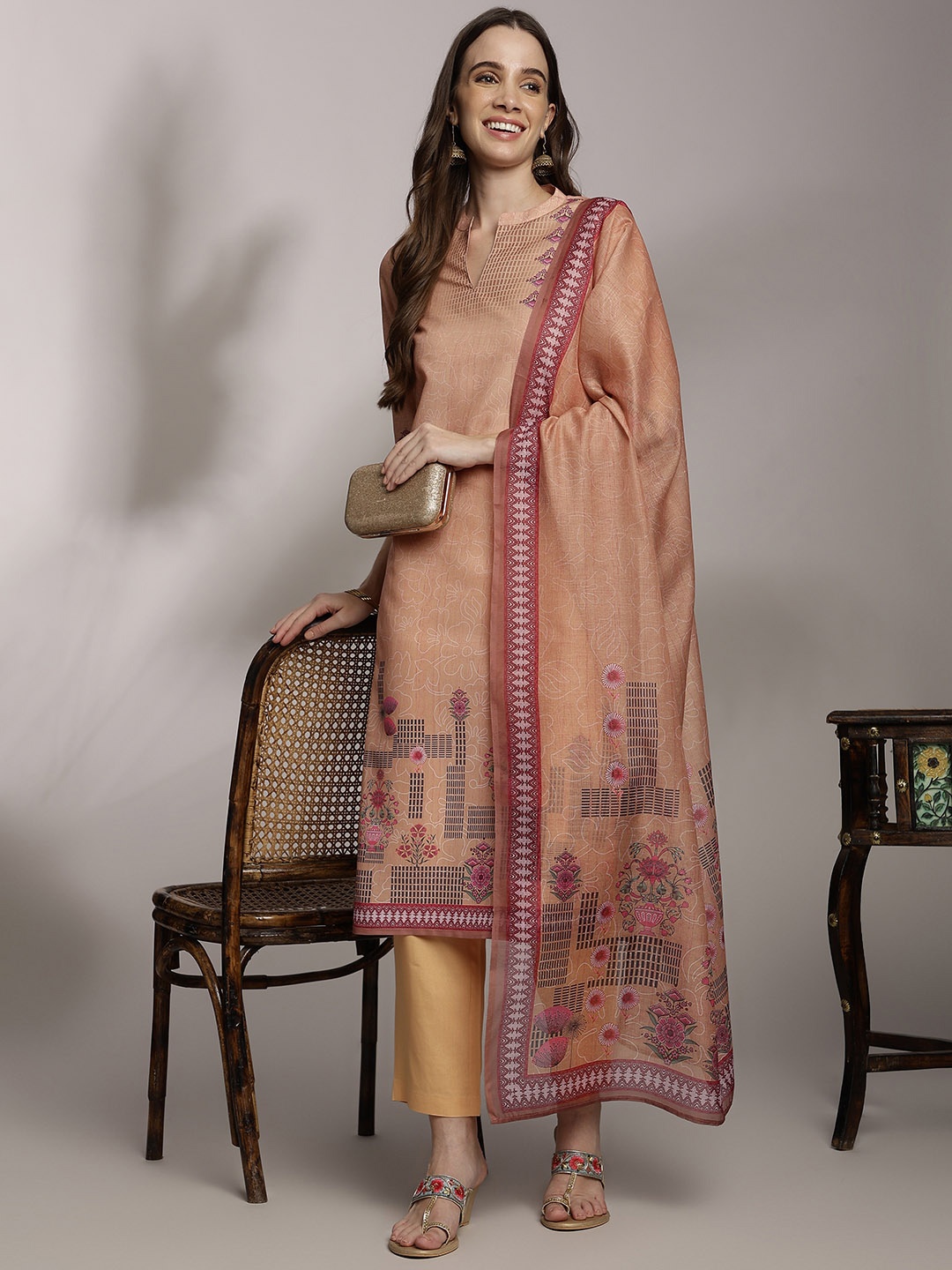 Anouk Women Floral Printed Regular Kurta with Trousers & Dupatta, Rust