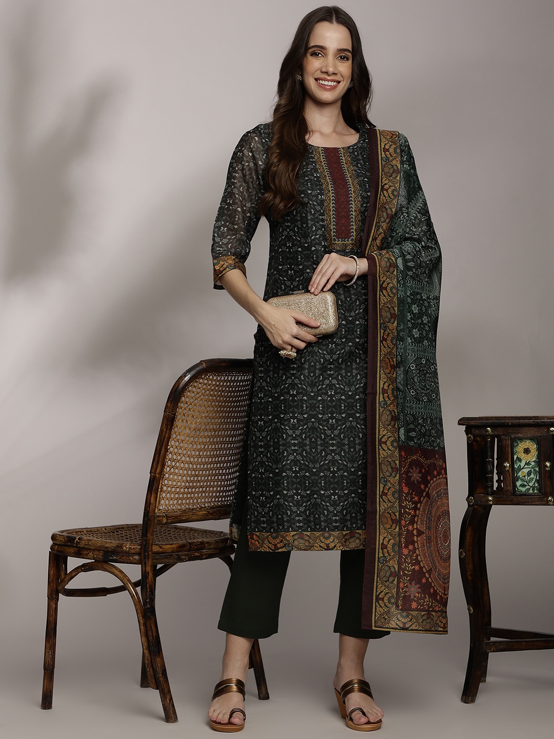 Anouk Women Floral Printed Pure Cotton Kurta with Trousers & Dupatta, Green