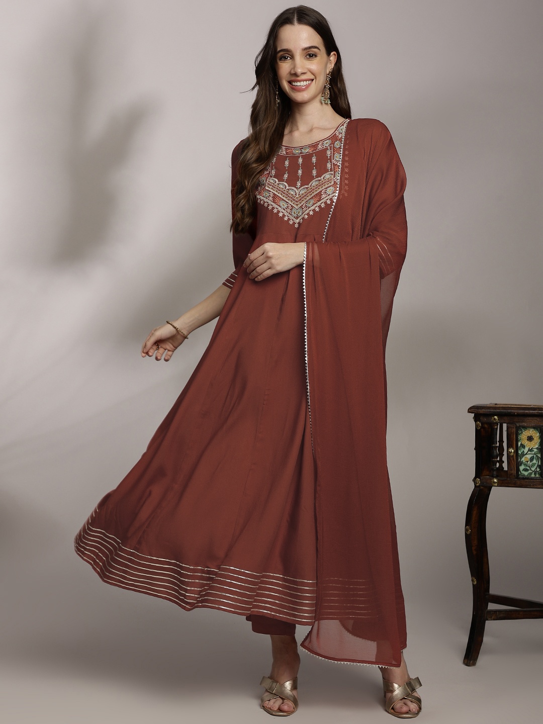 

Anouk Women Ethnic Motifs Embroidered Pleated Kurta with Trousers & Dupatta, Rust