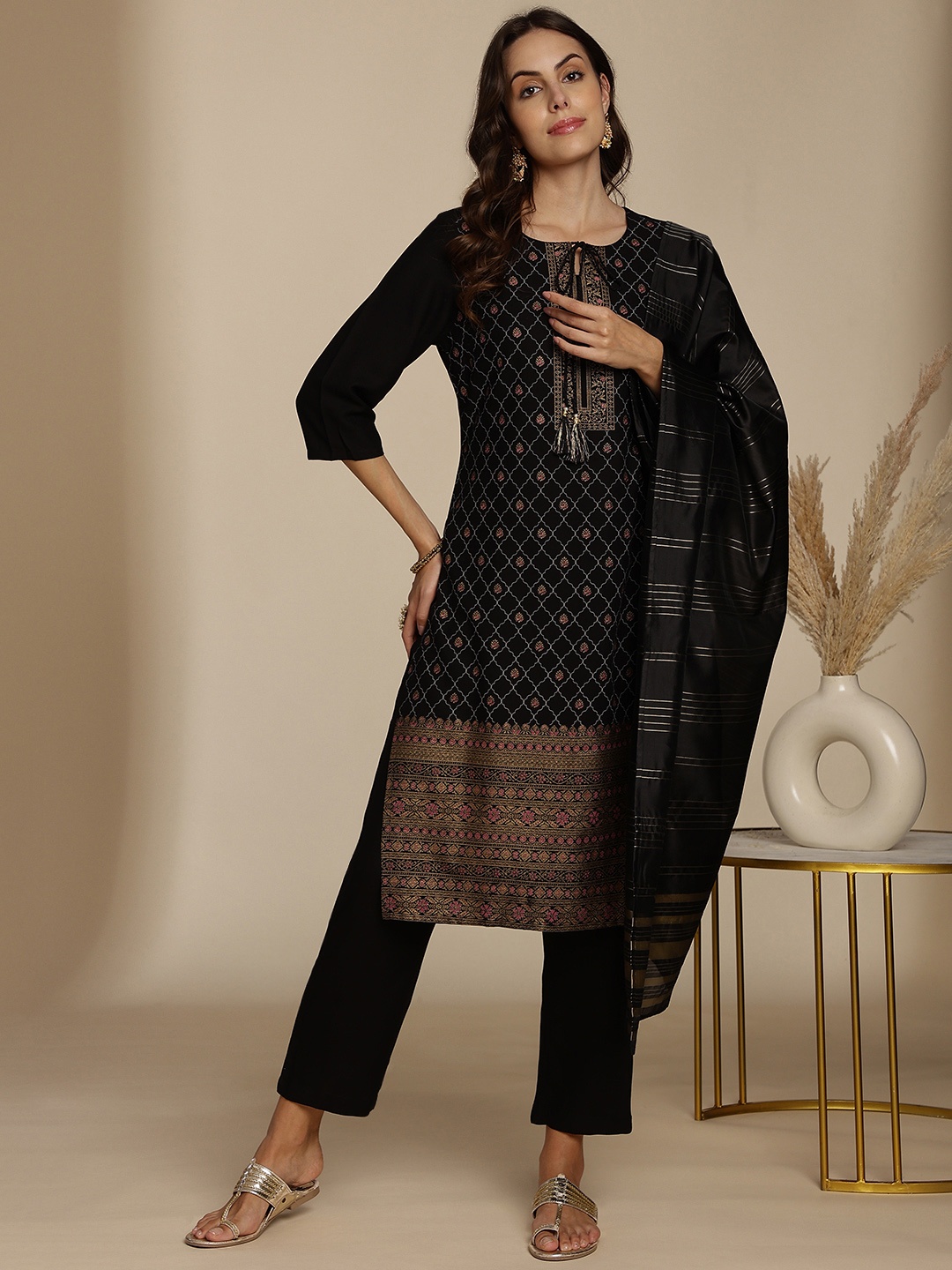 

Anouk Women Ethnic Motifs Printed Kurta with Trousers & With Dupatta, Black