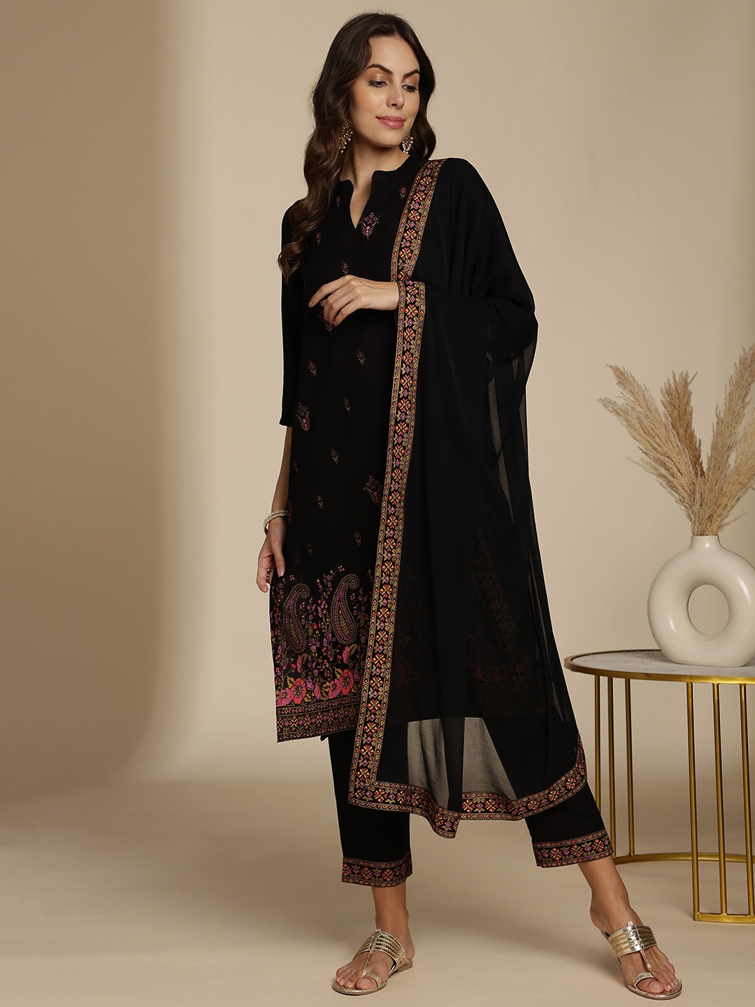 

Anouk Women Ethnic Motifs Printed Kurta with Trousers & With Dupatta, Black