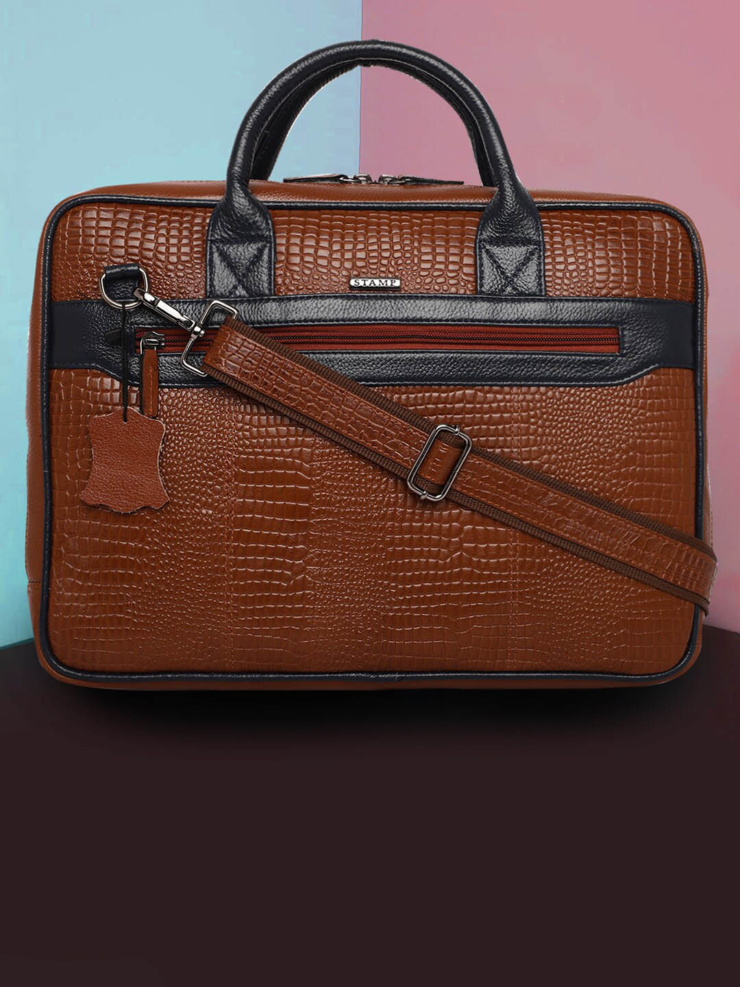 

Stamp Unisex Leather Laptop Bag -Up to 17 inch, Tan