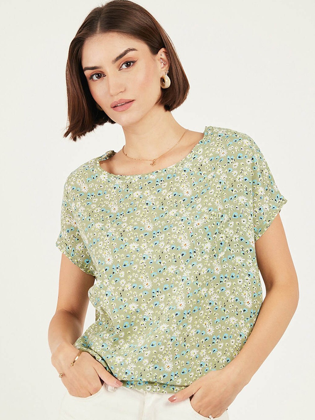 

DressBerry Floral Printed Extended Sleeves Cotton Top, Green