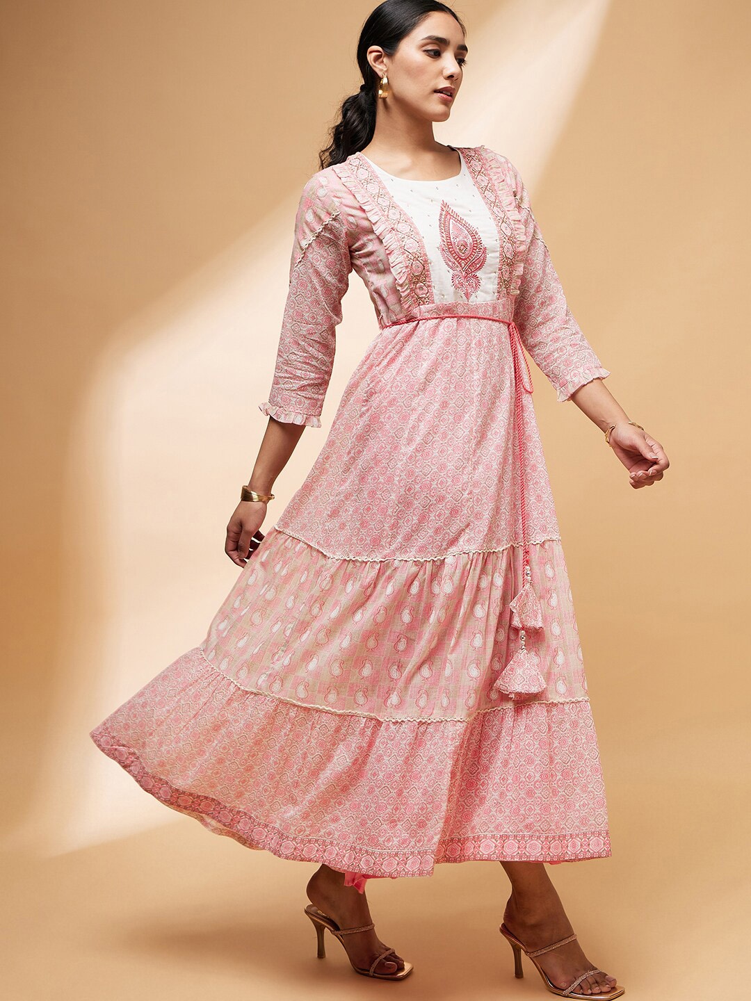 

all about you Ethnic Motifs Printed Ruffles Tiered Cotton Ethnic Gown, Pink