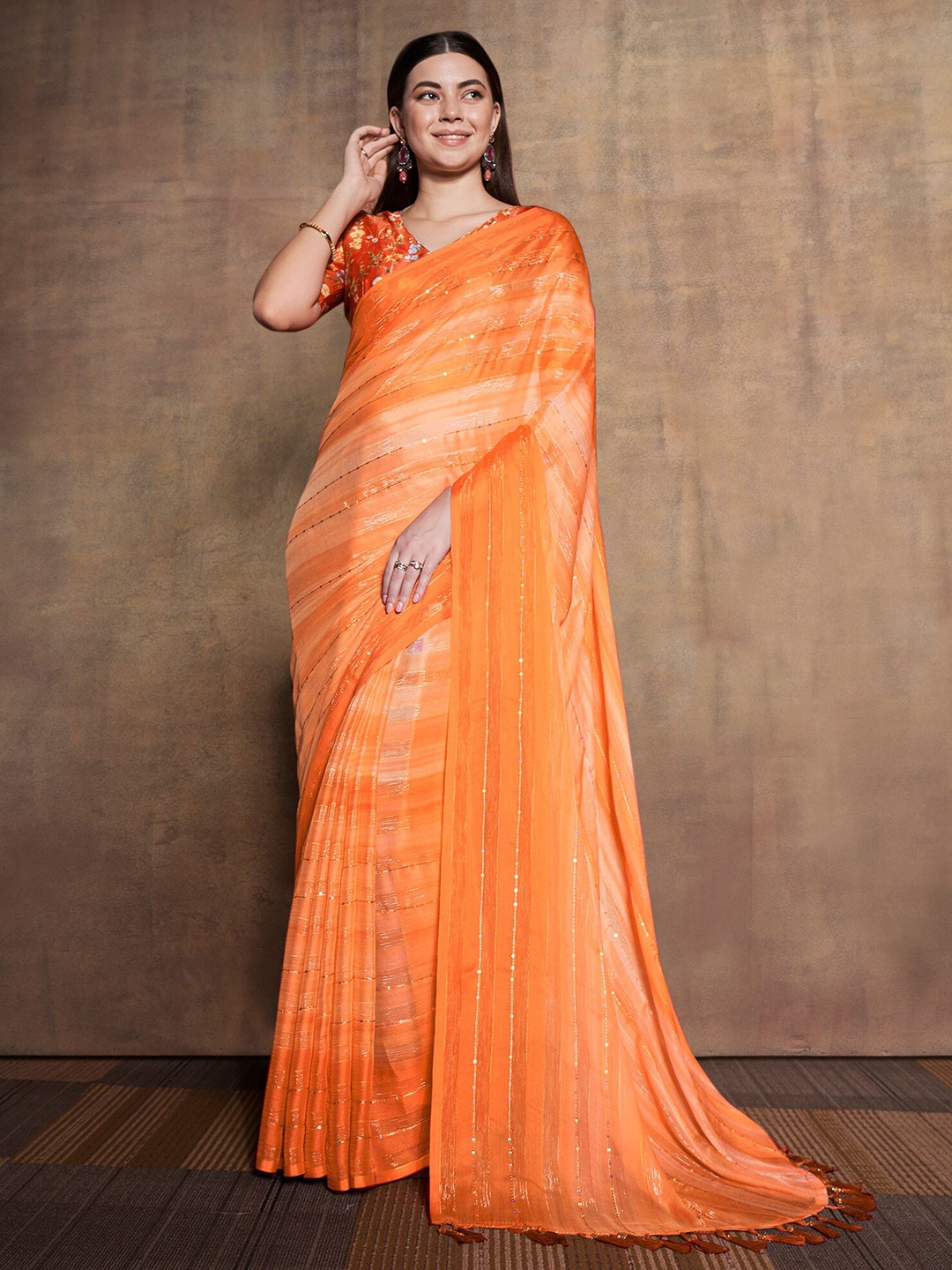 Mitera Orange Embellished Sequinned Pure Chiffon Saree