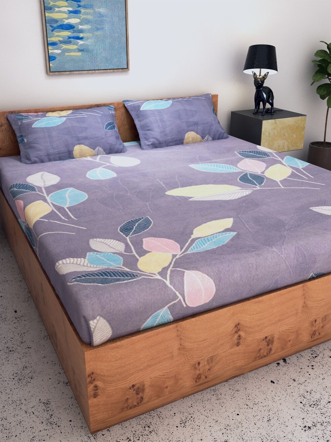 

Athom Living Purple & Pink Floral 144 TC King Bedsheet with 2 Pillow Covers