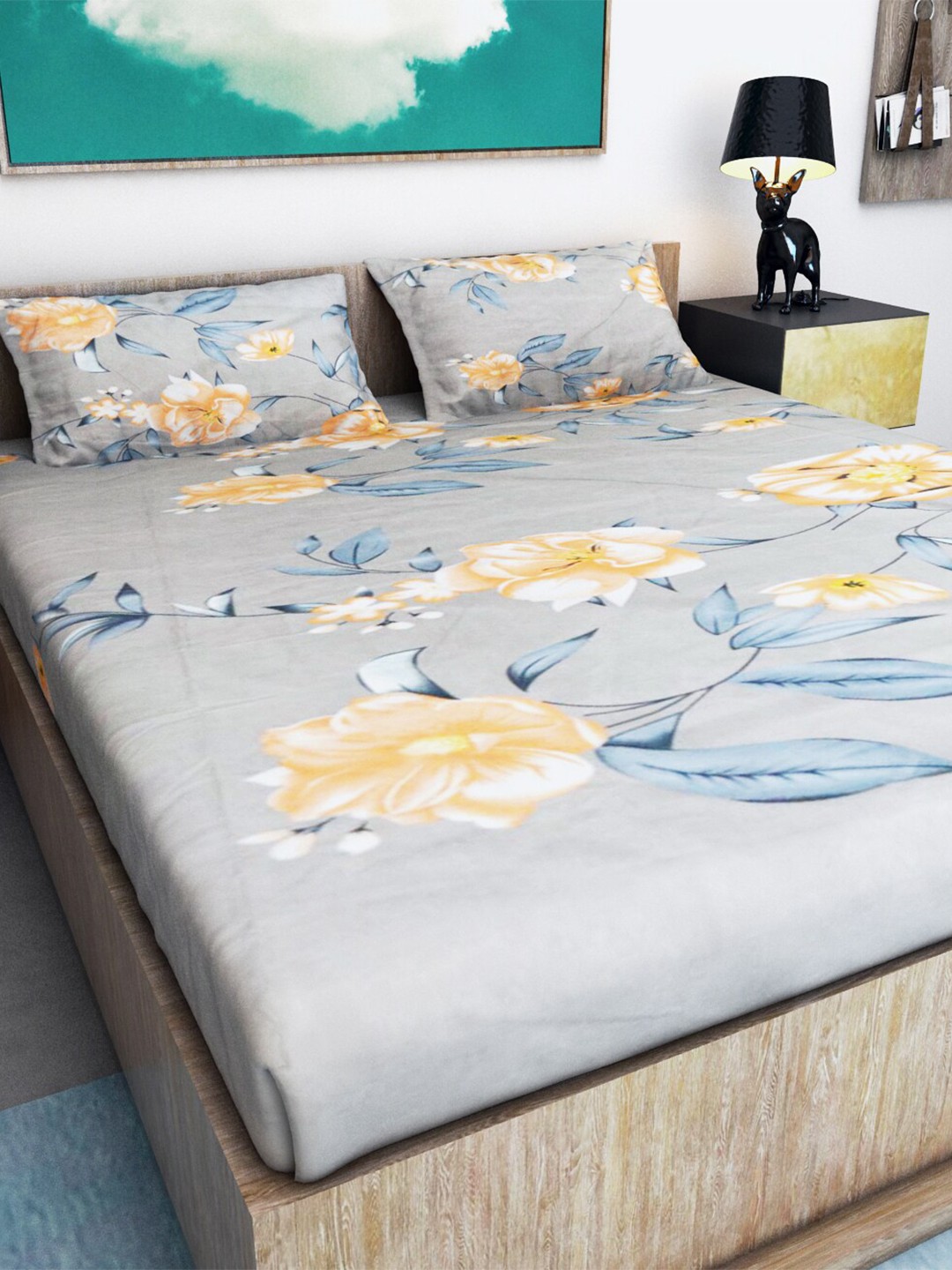 

Athom Living Coral & Reef Grey & Yellow Printed 144 TC King Bedsheet with 2 Pillow Covers