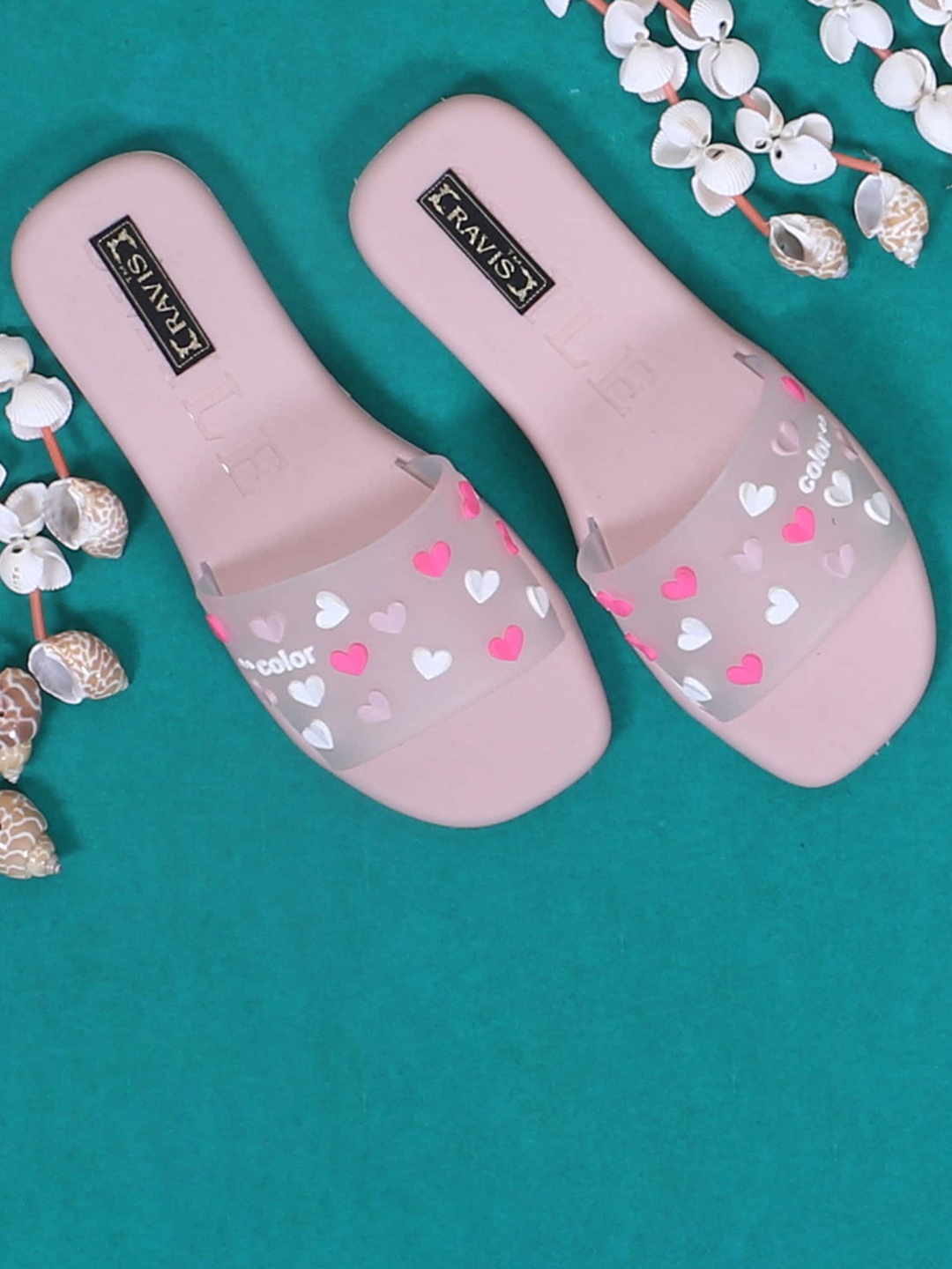 

Ravis Heart Shaped Applique Open Toe Flats, Pink