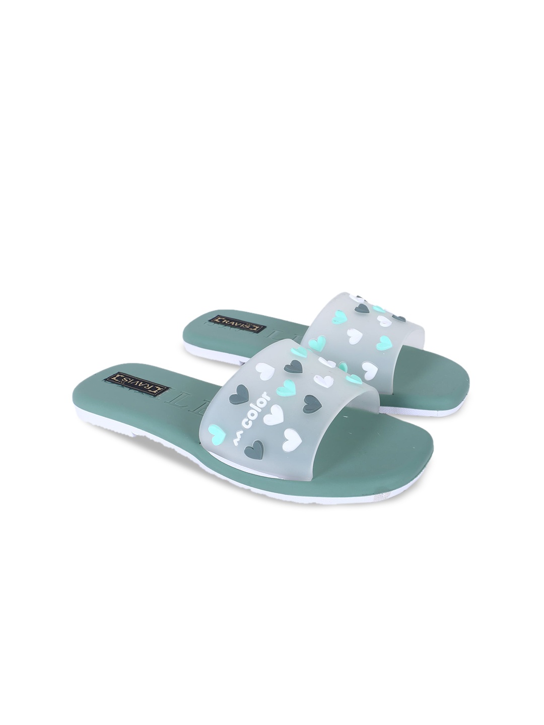 

Ravis Heart Shaped Applique Open Toe Flats, Sea green