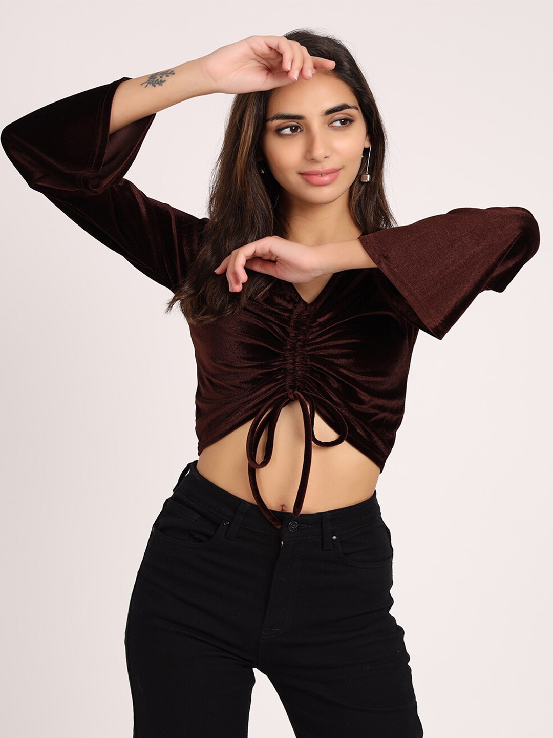 

VISO V-neck Ruched Fitted Crop Top, Brown