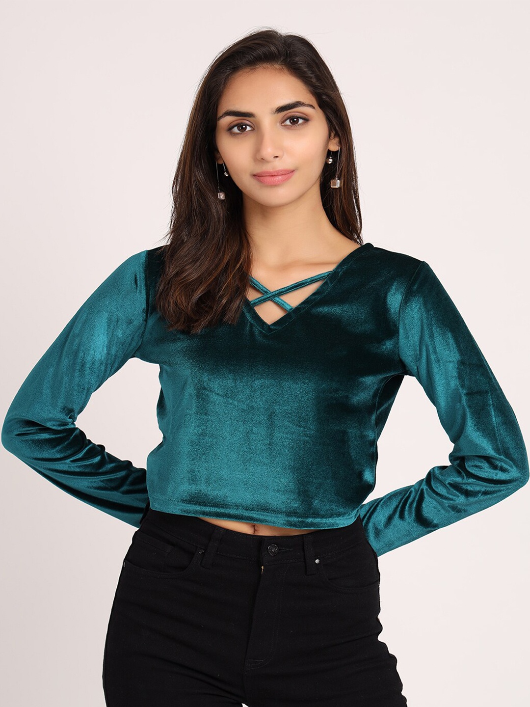

VISO V-Neck Long Sleeves Crop Top, Green