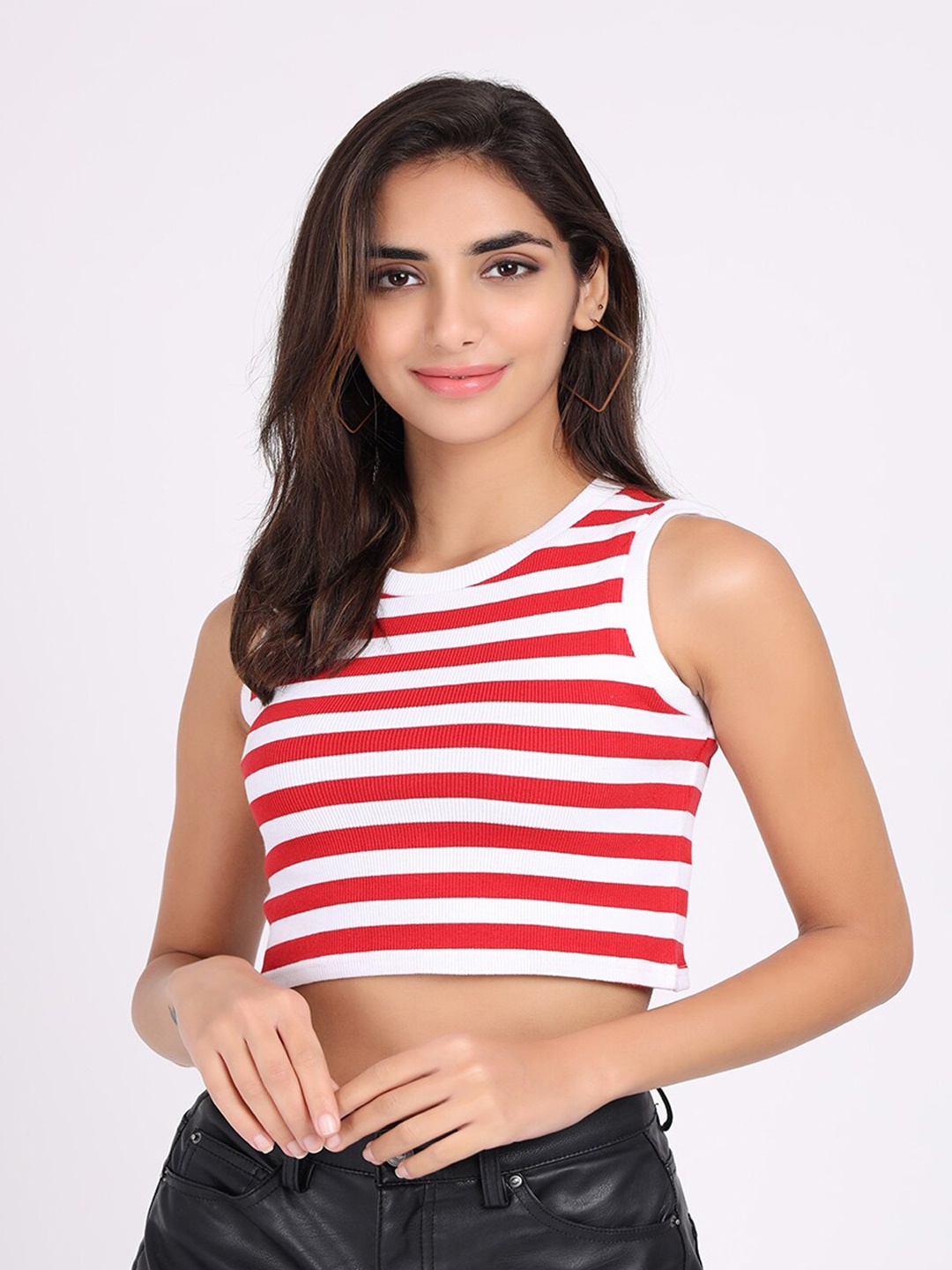 

VISO Sleeveless Striped Fitted Crop Top, Red