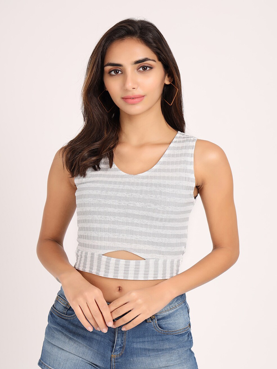 

VISO Horizontal Striped Sleeveless Crop Top, Grey