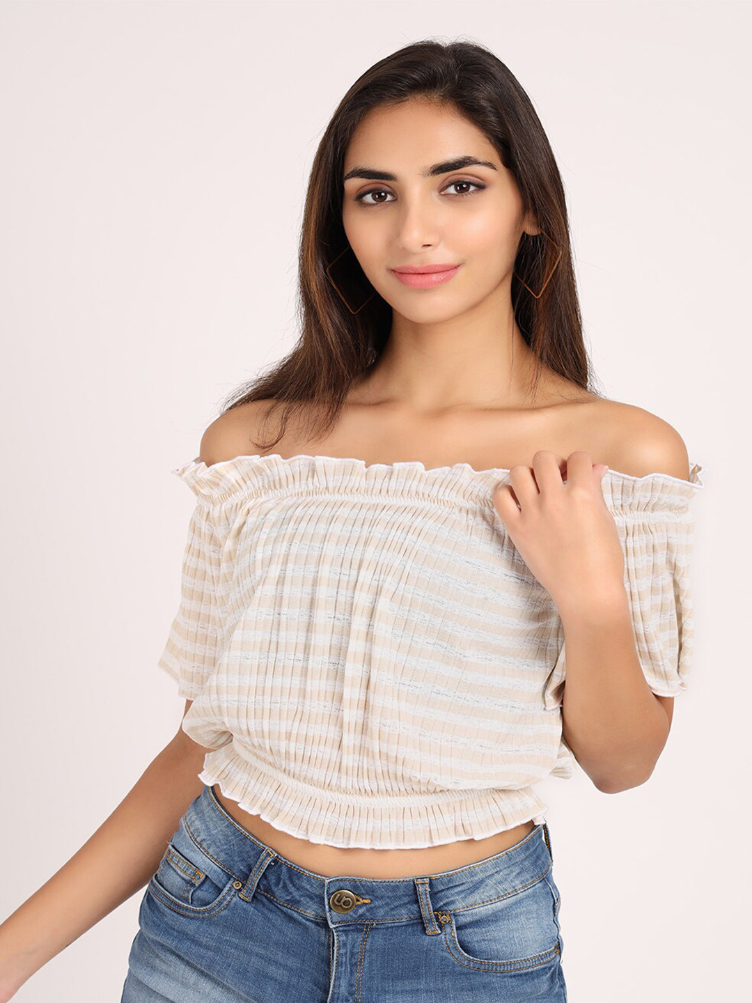 

VISO Striped Off-Shoulder Bardot Crop Top, Beige