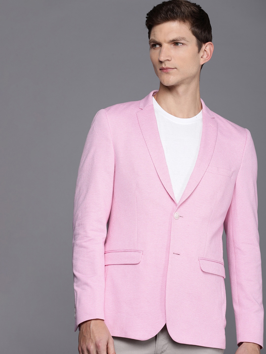 

Louis Philippe Self Design Single Breasted Slim Fit Formal Blazer, Pink