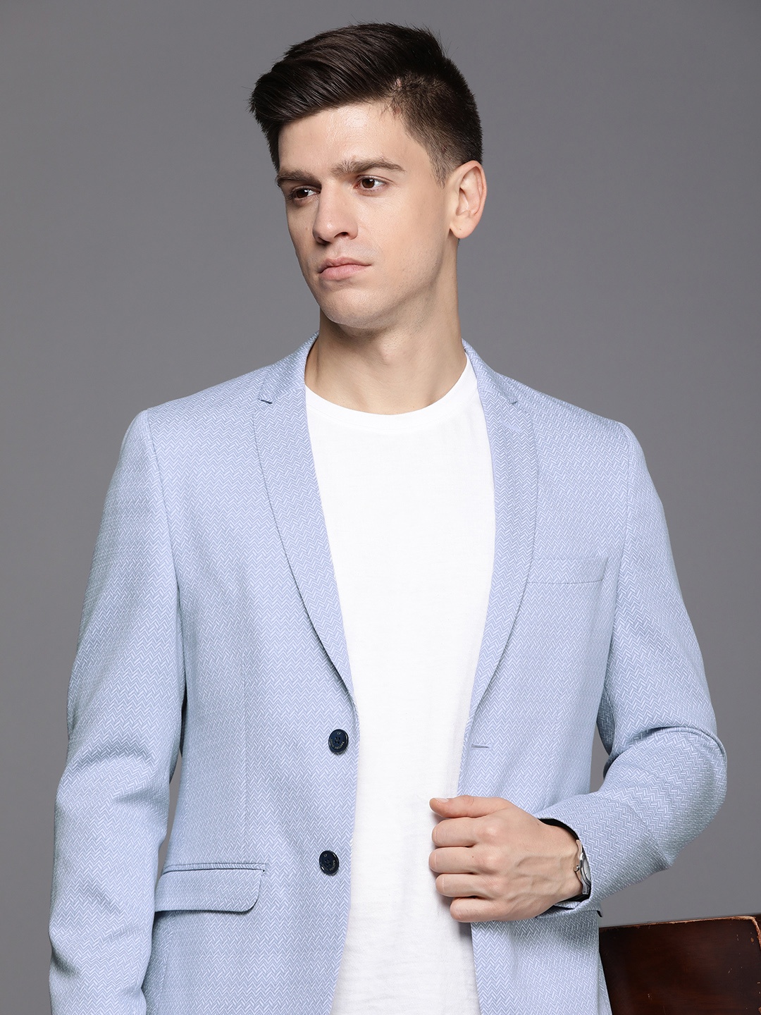 Louis Philippe Sport Men Super Slim Fit Pure Cotton Self-Design Casual Blazer, Blue