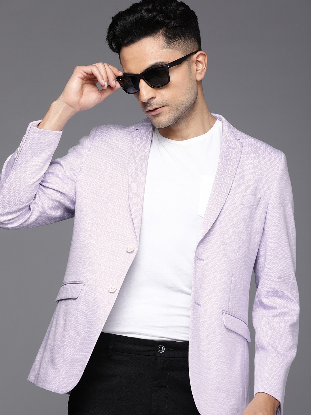 

Louis Philippe Sport Super Slim Fit Chevron Self Design Single-Breasted Casual Blazer, Lavender