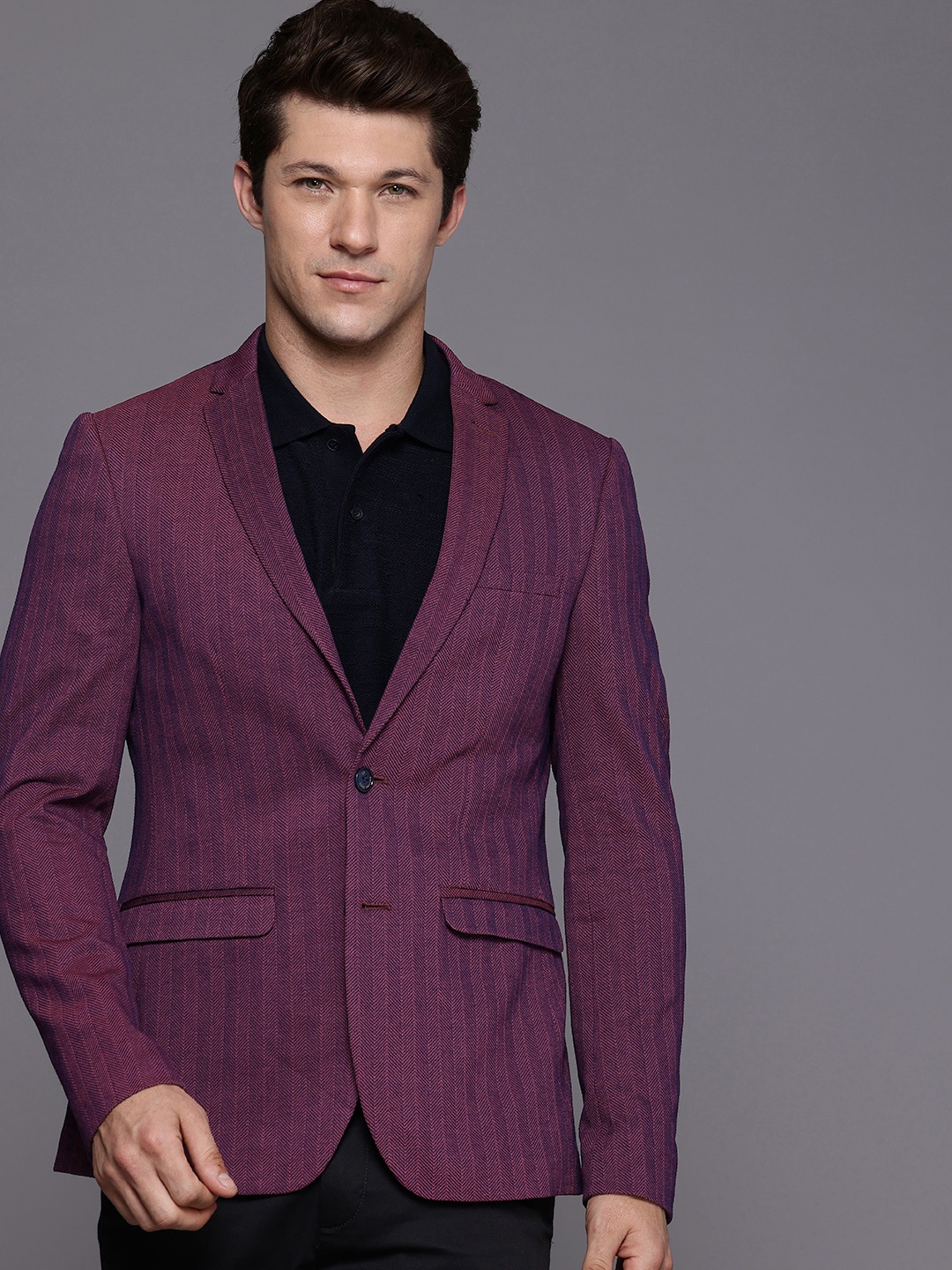 

Louis Philippe Sport Self Design Textured Super Slim Fit Single-Breasted Semiformal Blazer, Magenta