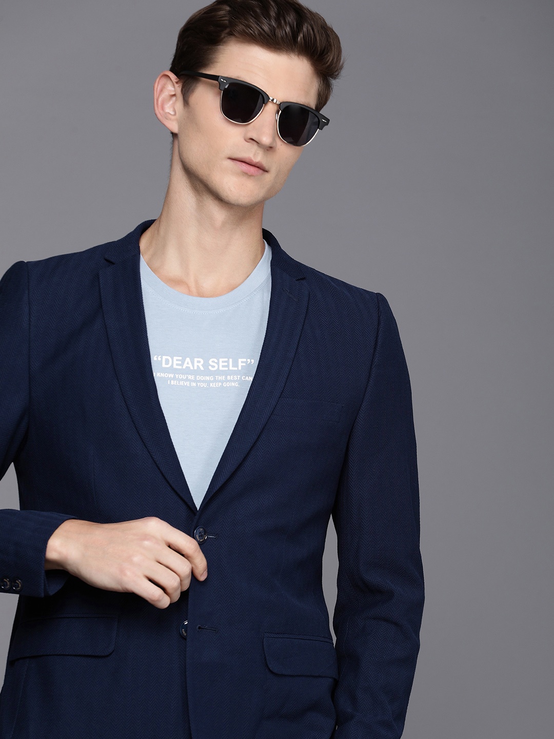 

Louis Philippe Self Design Single Breasted Slim Fit Formal Blazer, Blue