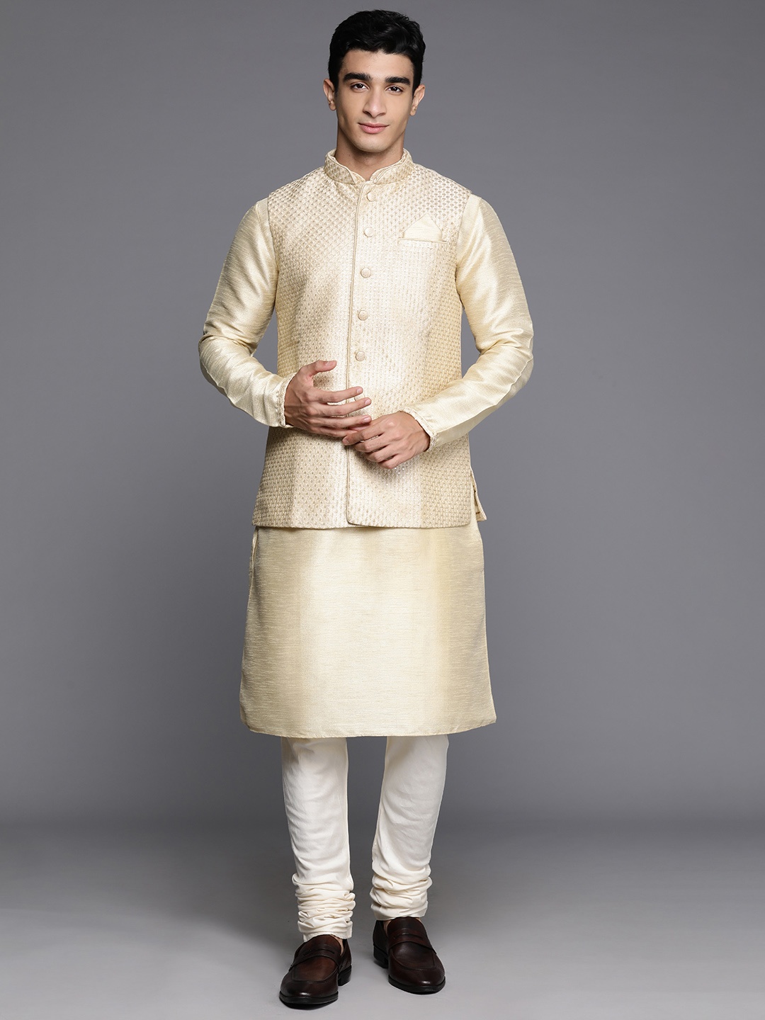 

Manu Men Art Silk Kurta & Churidar with Jacket, Cream