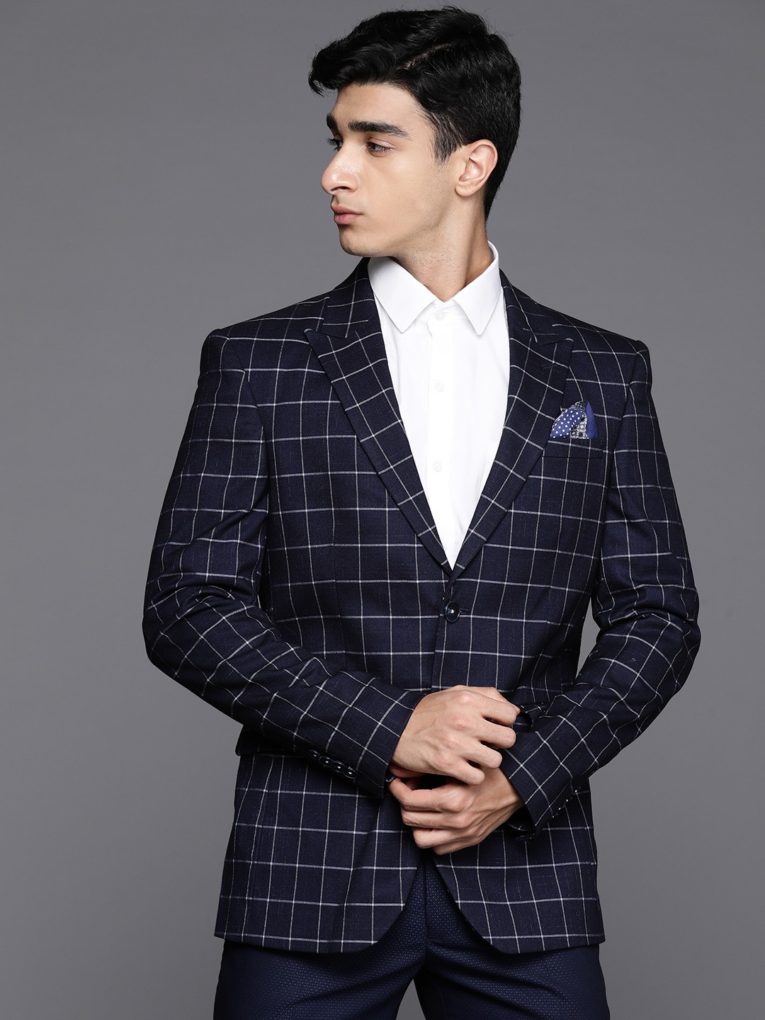 

Manu Checked Formal Blazer with Pocket Square, Navy blue