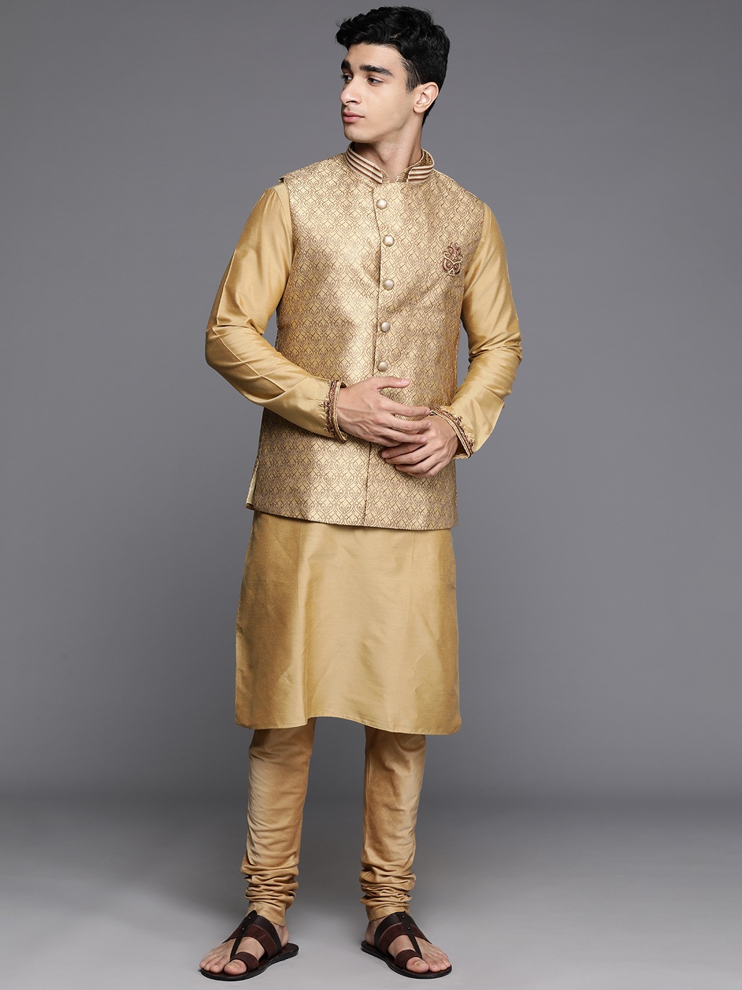 

Manu Thread Work Kurta with Churidar & Woven Design Nehru Jacket, Beige