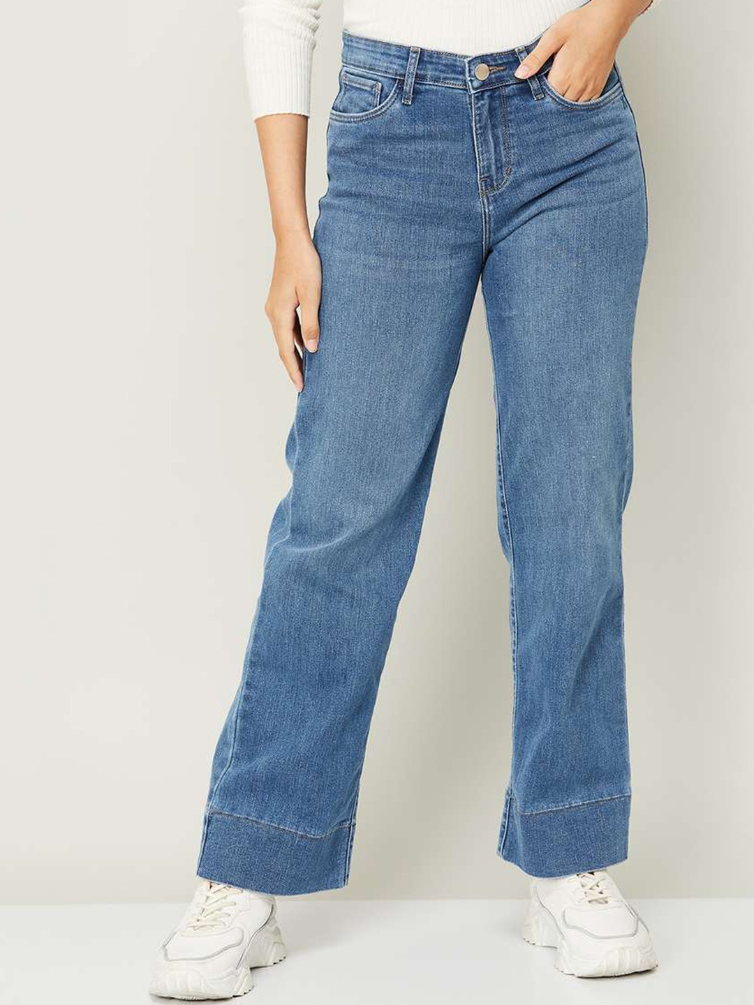 

Xpose Women Comfort Wide Leg Fit High-Rise Clean Look Stretchable Jeans, Blue