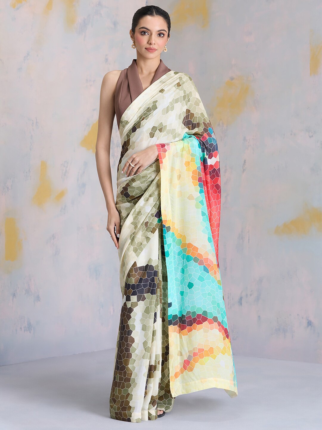 

navyasa by liva Abstract Printed Liva Saree, Khaki