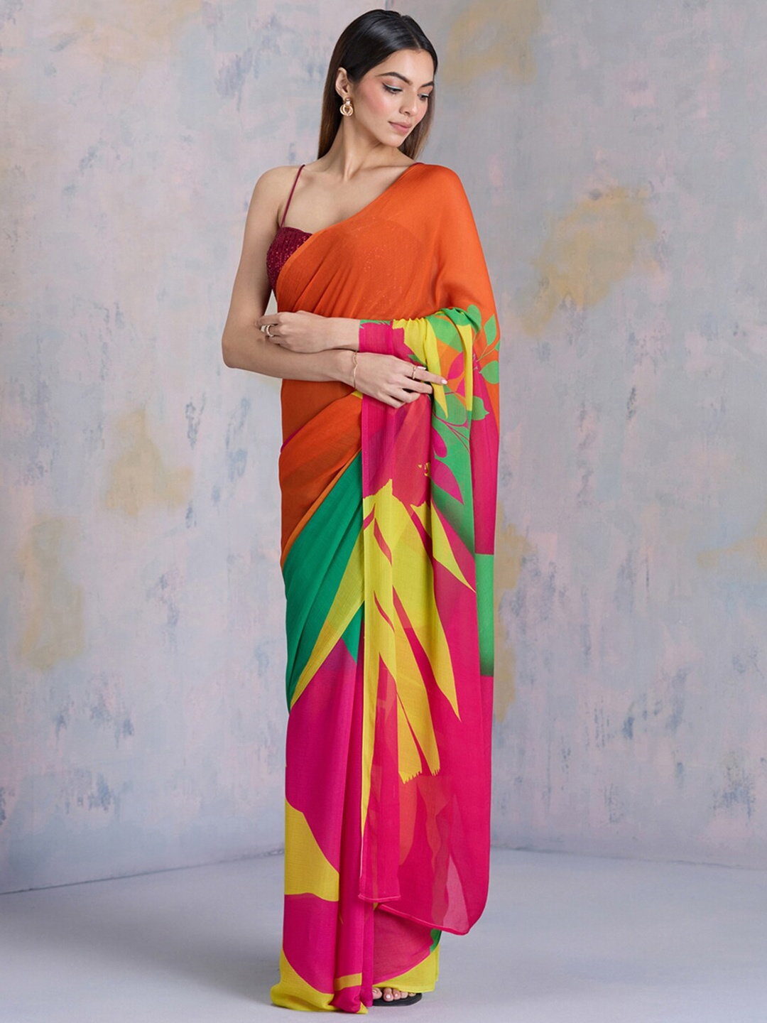 

navyasa by liva Colourblocked Liva Saree, Orange