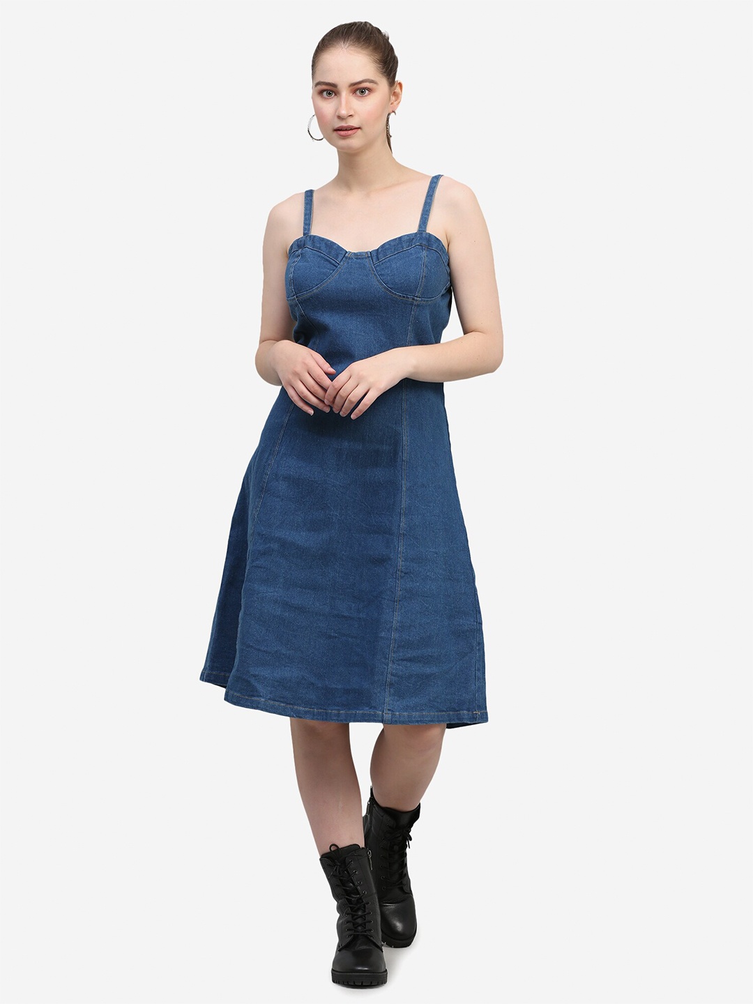 

SUMAVI-FASHION Shoulder Straps Pure Cotton Denim A-Line Dress, Blue