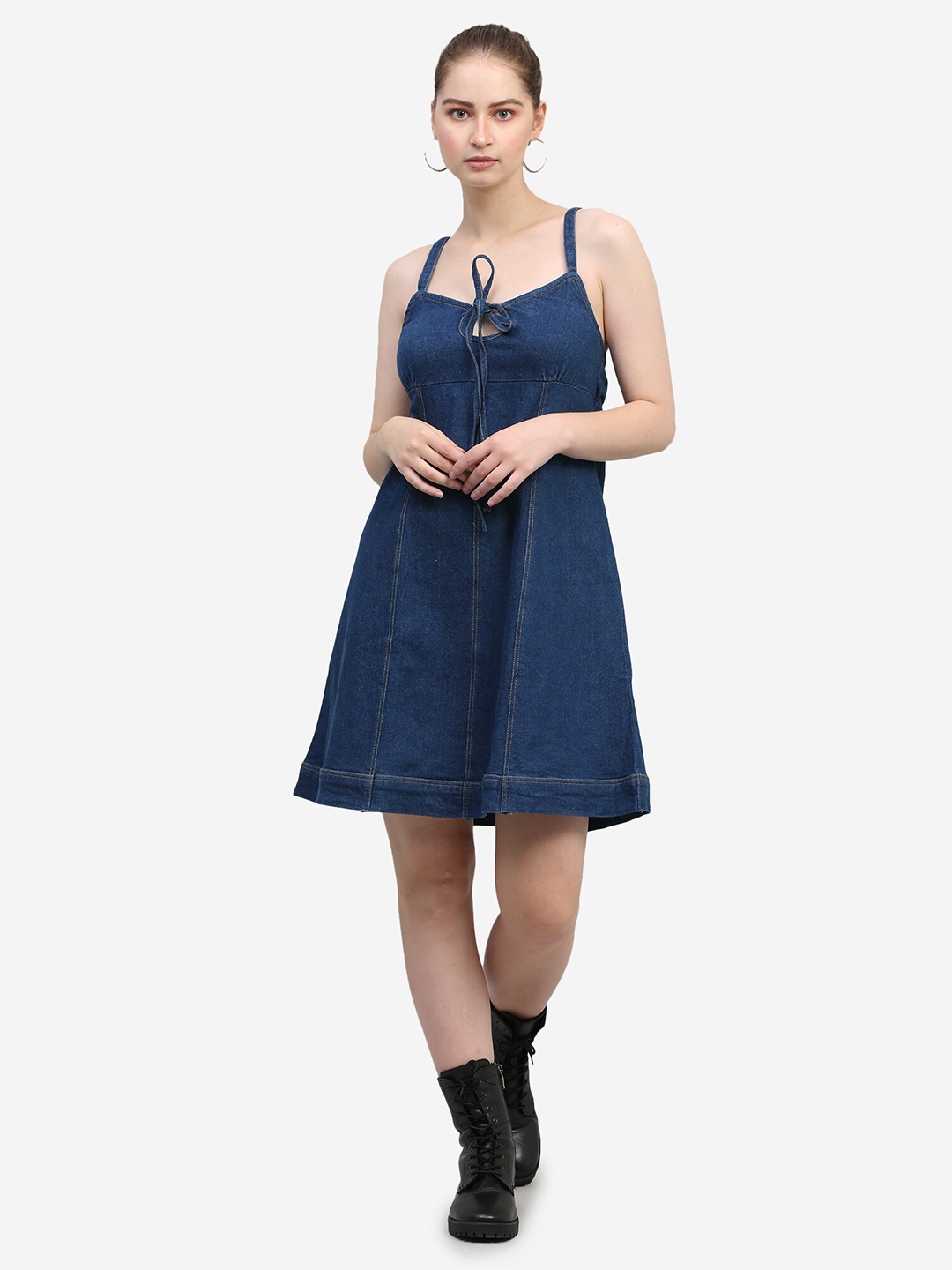 

SUMAVI-FASHION Shoulder Straps Pure Cotton Denim A-Line Dress, Blue