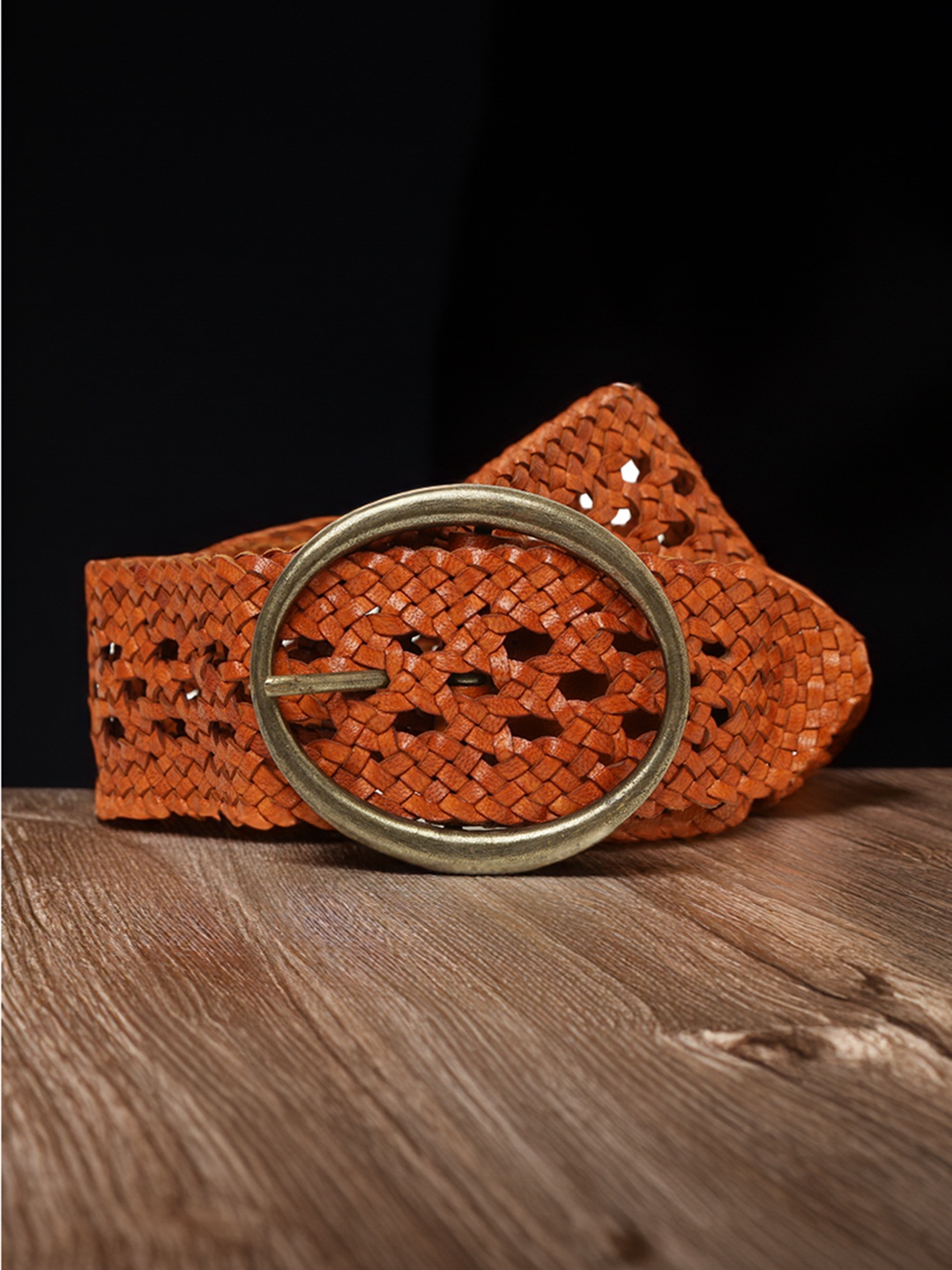 

ART N VINTAGE Women Woven Design Leather Belt, Tan