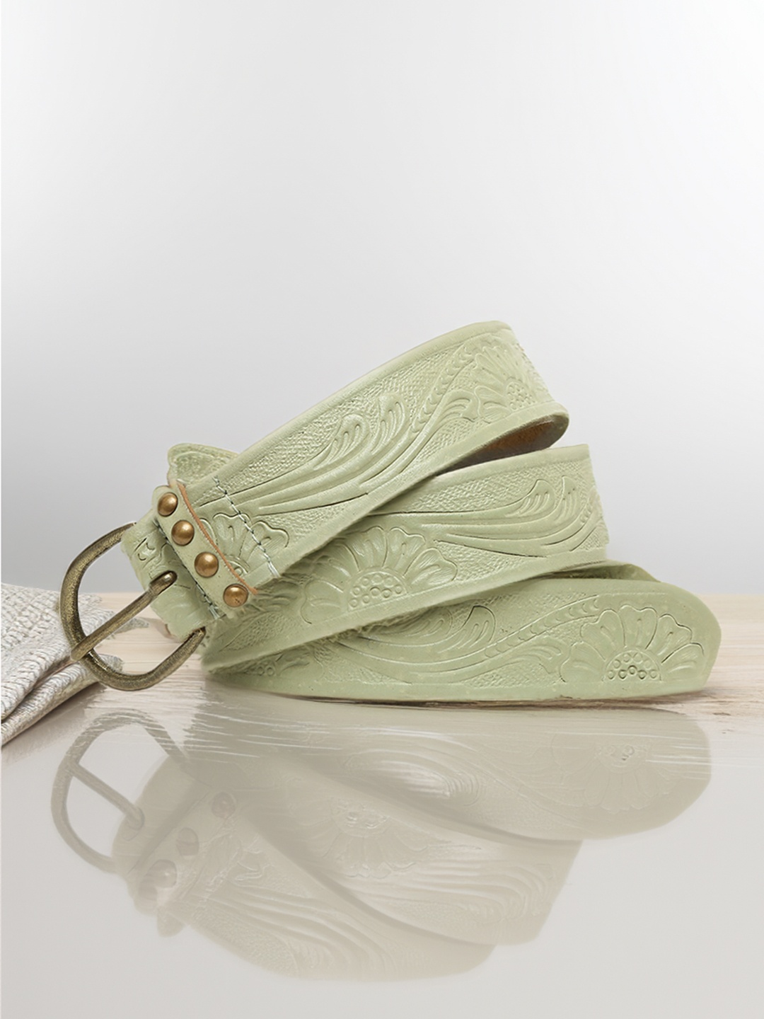

ART N VINTAGE Women Textured Leather Belt, Olive