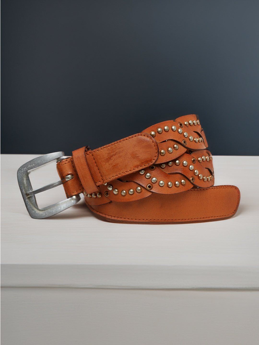 

ART N VINTAGE Women Embellished Leather Belt, Tan