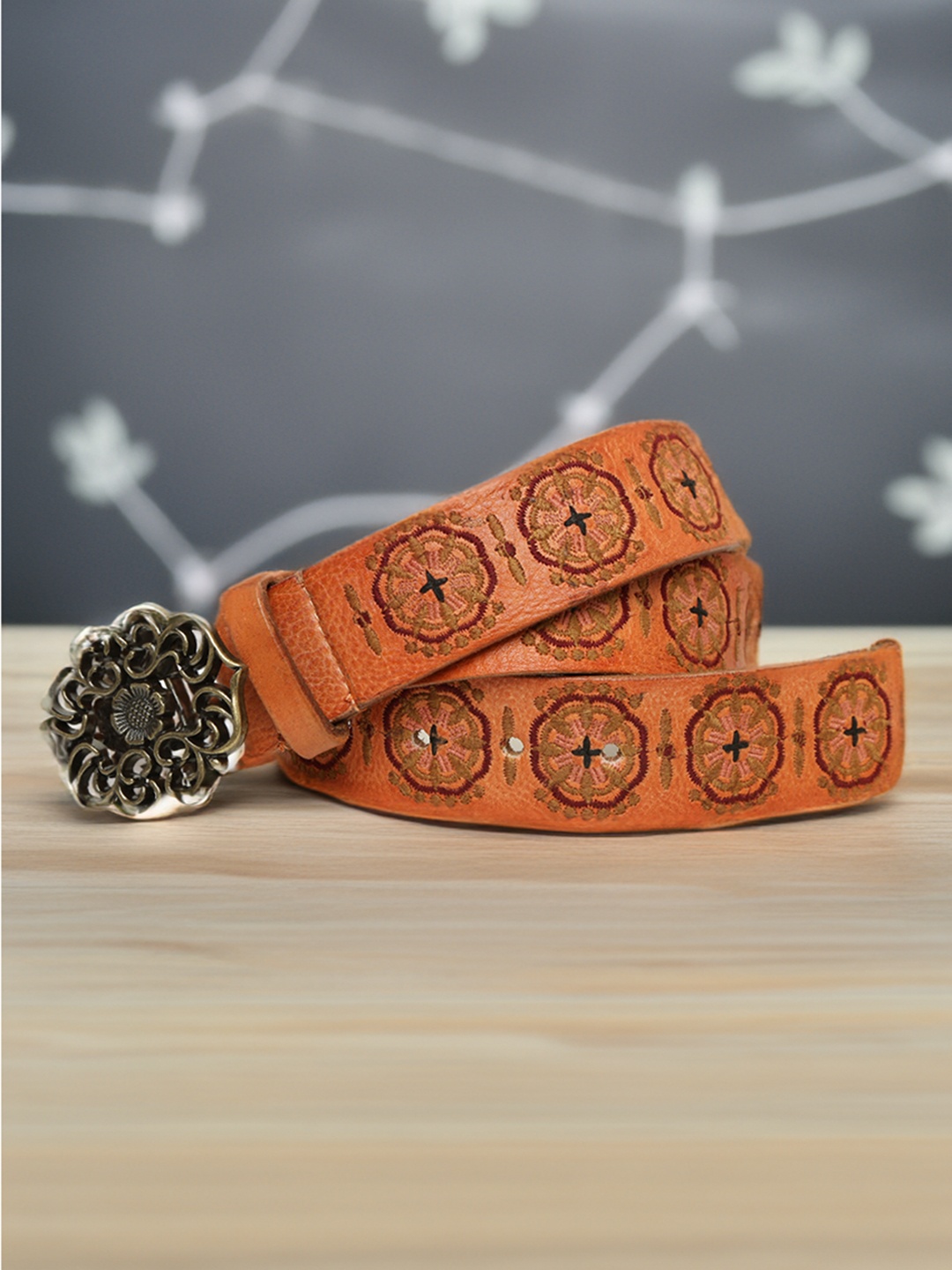 

ART N VINTAGE Women Floral Textured Wide Leather Belt, Tan