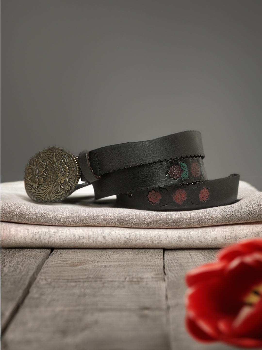 

ART N VINTAGE Women Printed Leather Belt, Black