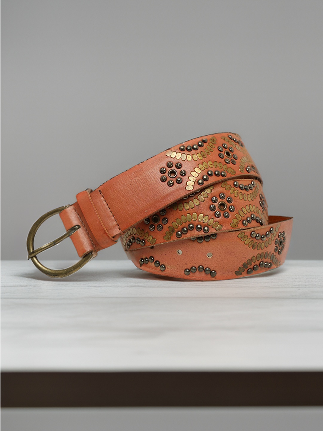 

ART N VINTAGE Women Embellished Leather Belt, Tan