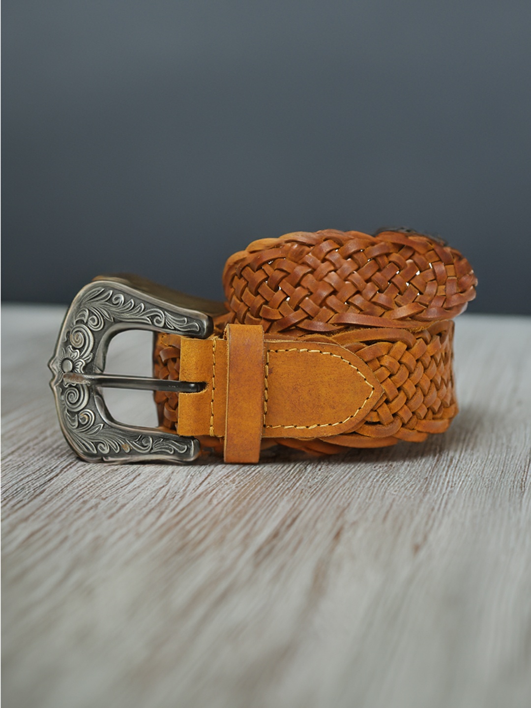 

ART N VINTAGE Women Braided Leather Belt, Mustard