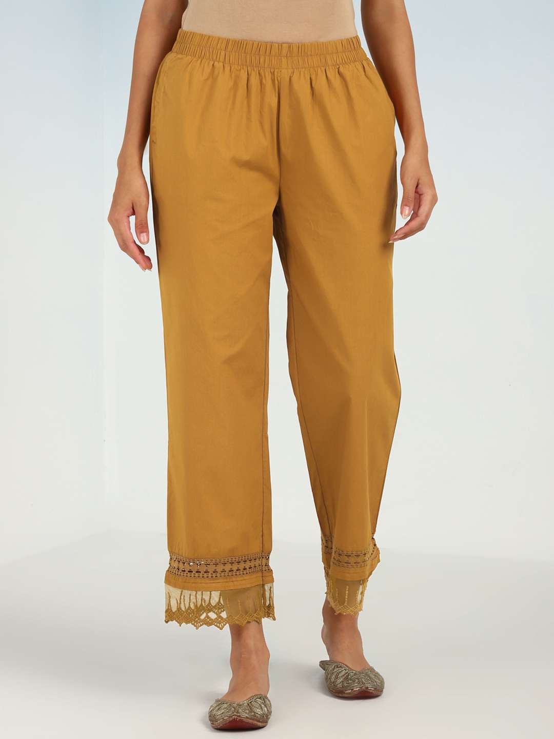 

Lakshita Geometric Hem Design Straight Fit Pure Cotton Palazzos, Mustard