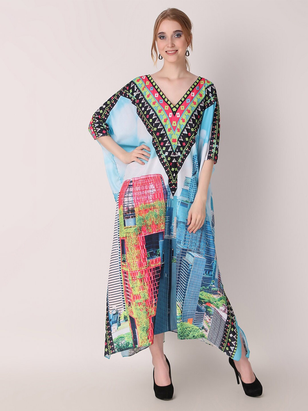 

Rajoria Instyle Abstract Printed Flared Sleeves Kaftan Maxi Dress, Blue